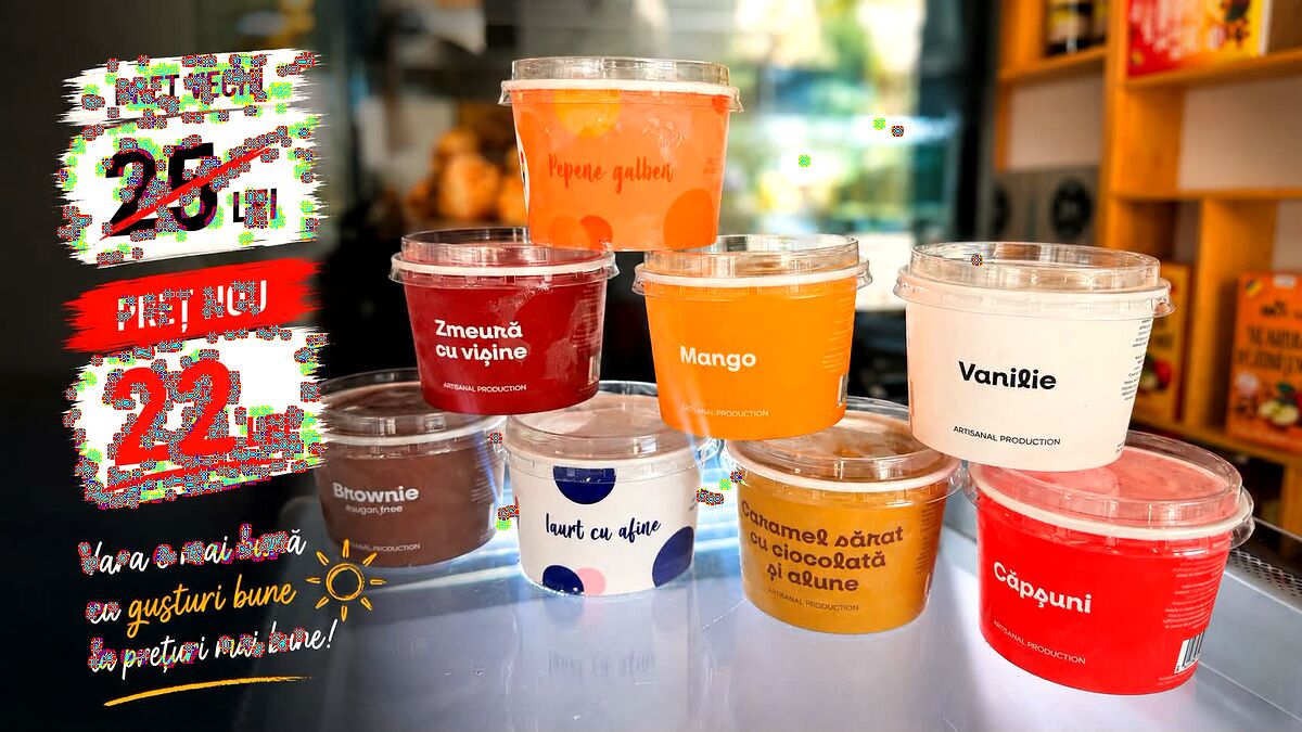 Cutii de înghețată artizanală cu etichete: zmeură cu vișine, mango, vanilie, brownie